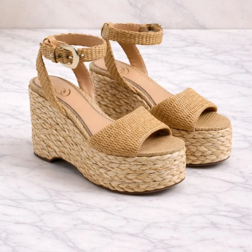 Sam Edelman April Platform Wedge Sandals – Sand Raffia - Size 9.5